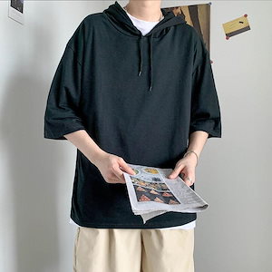 パーカーメンズ半袖フード付きTシャツカジュアルレイヤード無地プルオーバー半袖パーカー春夏服ゆったり体型カバー