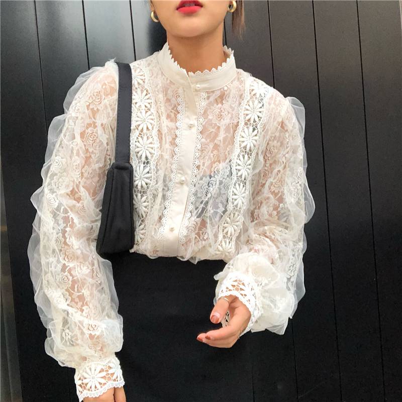 2color レディース トップス 長袖 ブラウス スタンドカラー 襟なし ボリューム袖 レース シ