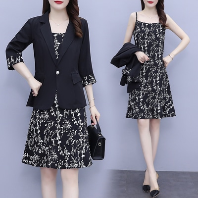 ジャケット キャミワンピース セットアップ ジャケット フレアワンピース 膝丈 ひざ丈 袖あり 長袖 Vネック 襟付き フレア 前開き 2点セット ツーピース かわいい 大人可愛い きれいめ シンプル