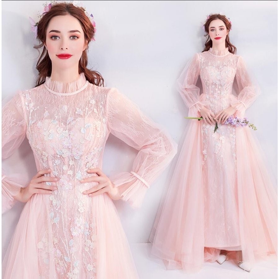 ロングドレス ウエディングドレス 立ち襟 袖あり 上品 パーティードレス フォーマルドレス 結婚式ド