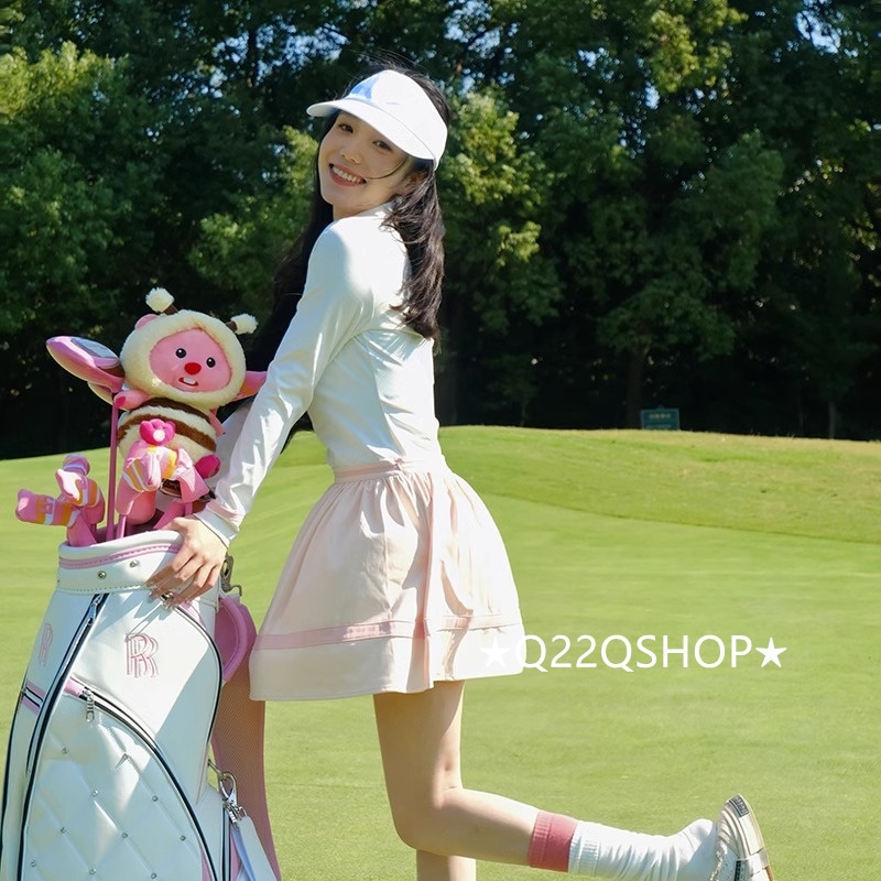 ゴルフウェア 春夏秋 上下セット レディース スポーツウェア トップス ポロシャツ POLO Tシャツ 長袖 Aライン ミニスカート ピンク 白 セットアップ 女性 テニスウェア 韓国風