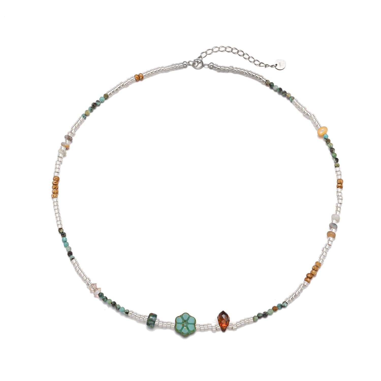シルバービーズチョーカーネックレスチェコビーズターコイズとアンバーのアクセントS925スターリングシルバー15インチ1.6インチの調節可能なエクステンダー付き 15 inches wit