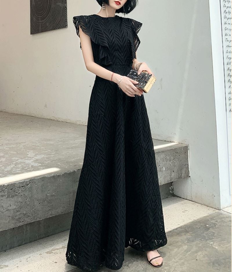 ドレス パーティードレス 二次会ドレス 発表会ドレス ステージドレス ロング丈 ノースリーブ Uネック Aライン レース ポリエステル きれいめ 大人 上品 お洒落 かっこいい クール エレガント