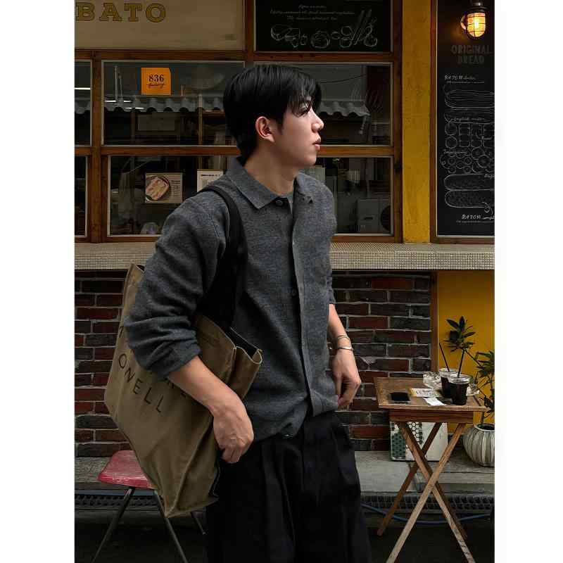 秋冬 コーデ メンズ 服 シンプル ファッション オシャレ 大人 かっこいい 大きいサイズ ストリート 紳士服 ダーク グレー 長袖 ニットカーディガン シンプル カジュアル セーター ジャケット