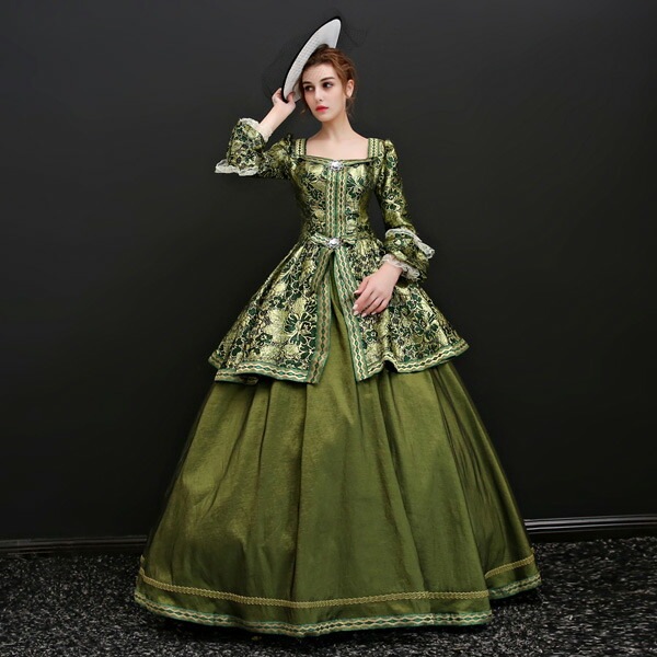 豪華 ロング ドレス ステージ 衣装 お姫様 プリンセスライン 公爵夫人 プリンセスラインお姫様 編み上げ 舞台ステージ 演劇 カラードレス サイズ指定可 d9218f0f0f0 グリーンドレス