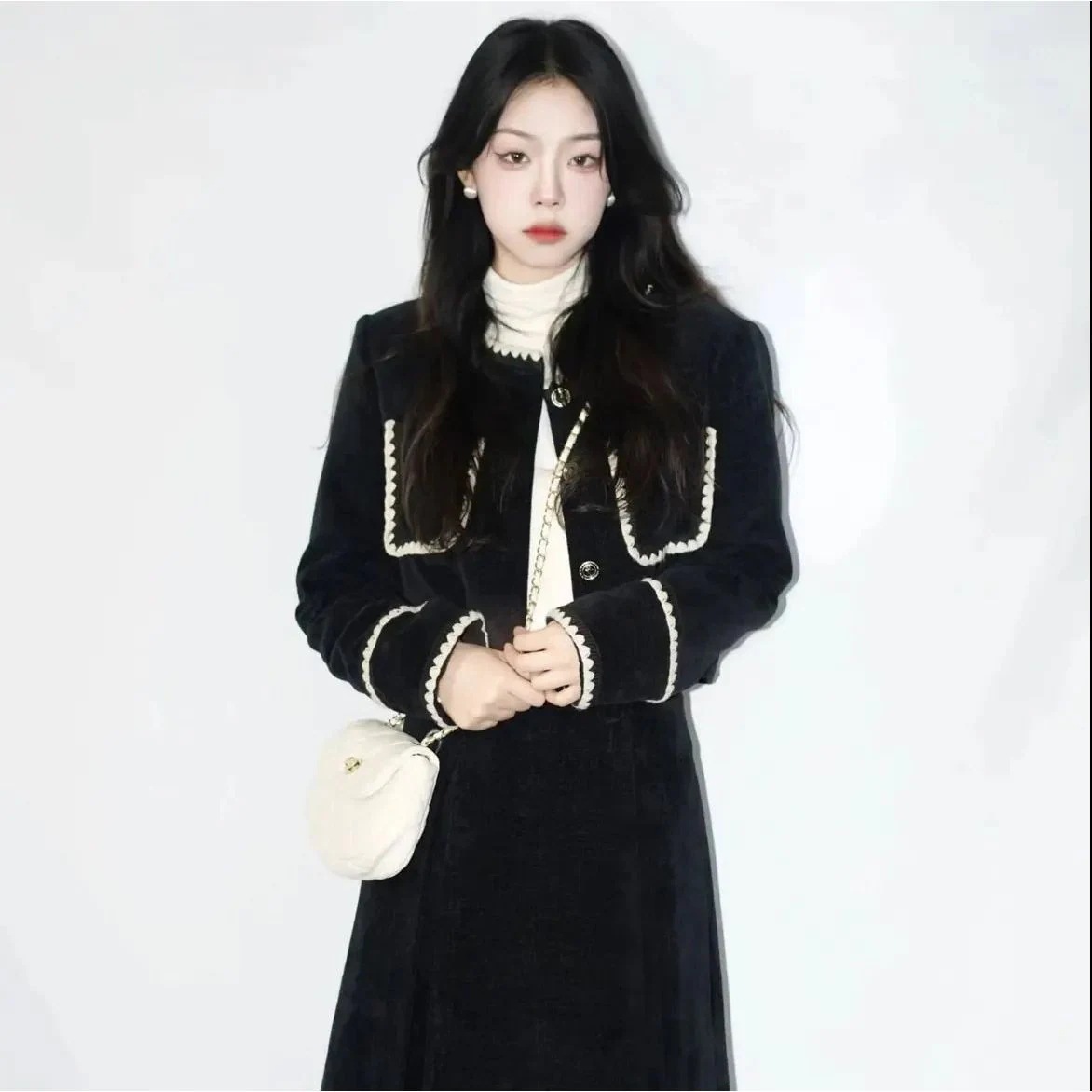 涼しく楽ちんセットアップ制服秋冬 ベルベットは2023の新しい女装 小香風コート ロングスカートとセットを厚くした韓国ファッション 通勤