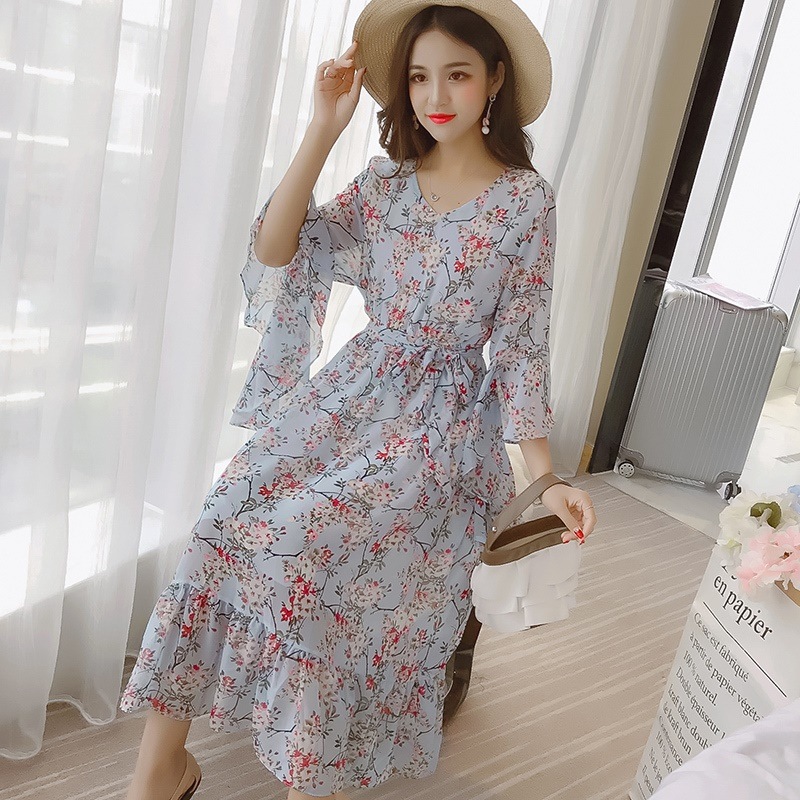 1606.花柄シフォンロングワンピース（ブルー） 2019 春夏 sale 春夏 sale デート 通勤 通学 レストラン お呼ばれ パーティー