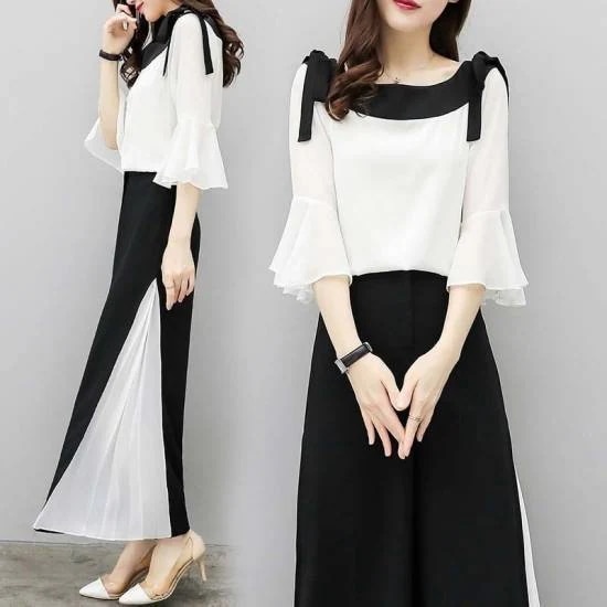 【急速出荷!】贩売促进 パーテイードレス ドレスワンピース きれいめワンピース ワンピース セットアップ ブラックドレス 七分袖 ワイドパンツ プリーツ バイカラー 10代 20代 30代 夏 大きい