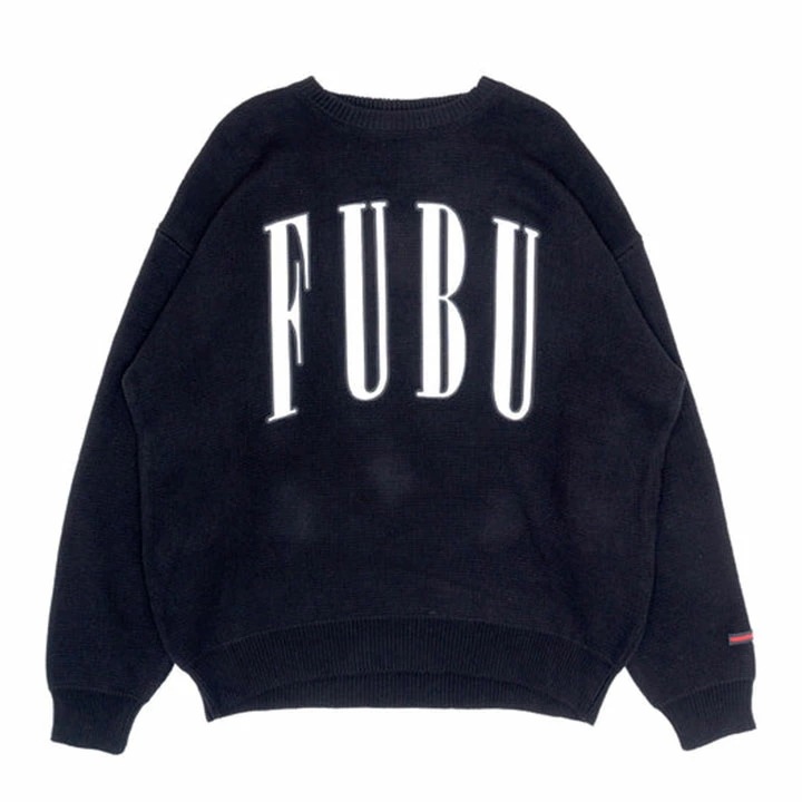 FUBU ニット セーター 長袖 メンズ 春秋冬用 黒 大きいサイズ フブ 編み物 ギフト 贈り物 トップス おしゃれ シンプル 袖ロゴ 刺繍 ワッペン クラシック