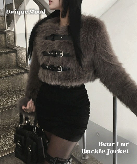 [年末おすすめ！/高クオリティー/キルティング]Bear Buckle Cropped Fur Jacket / ベア バックル クロップ ファー ジャケット 4オンス キルティング ジャケット 冬ジ