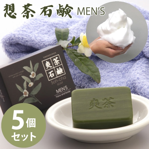 爽茶石鹸 メンズ MENS 泡立てネット付き 5個セット (送料無料) 洗顔 スキンケア 緑茶 洗浄 想茶石鹸 ボディソープ メイク落とし ミネラル カテキン ヒアルロン酸 人気