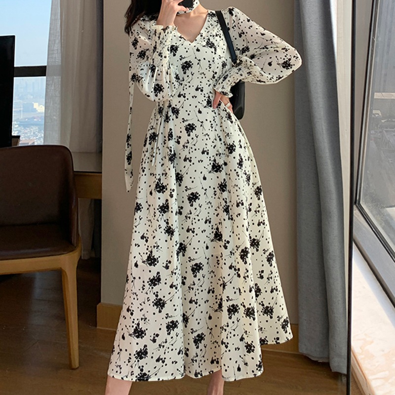 ワンピース ワンピ ワンピースドレス ロング丈 フラワープリント 秋冬ワンピースVネック 5,042円