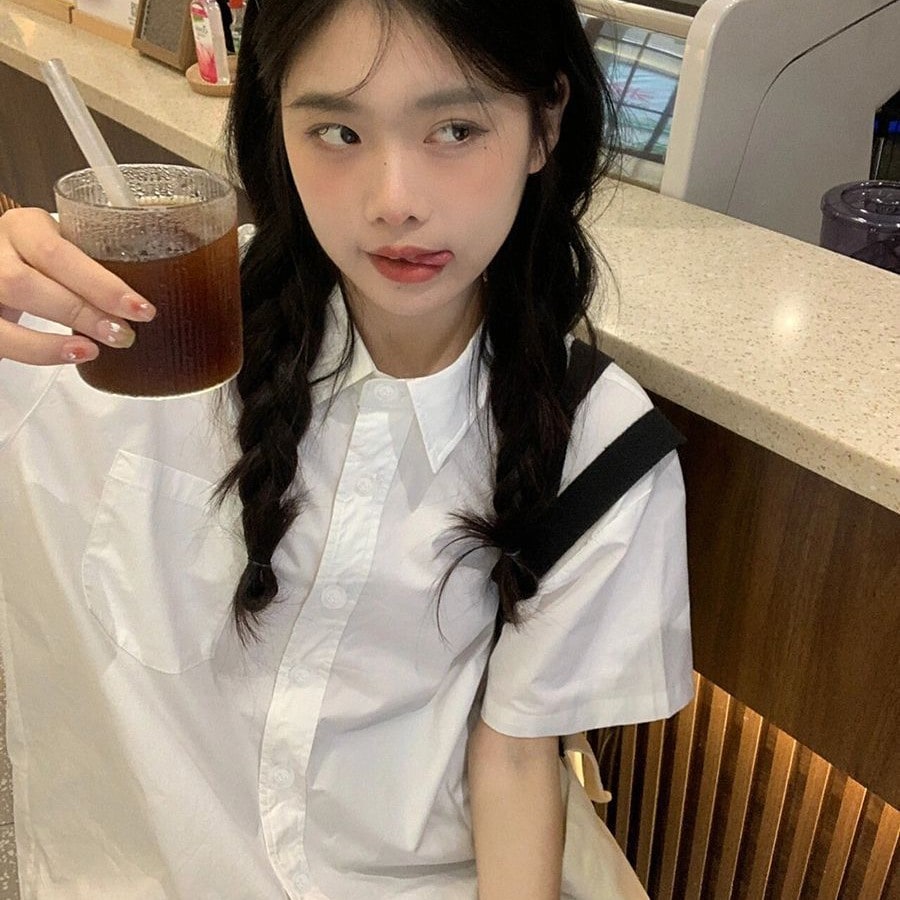 半袖 白 シャツ レディース ゆったり 細見え ファッション 学生 ミドル丈 シャツ 春夏 薄手 トップス51156
