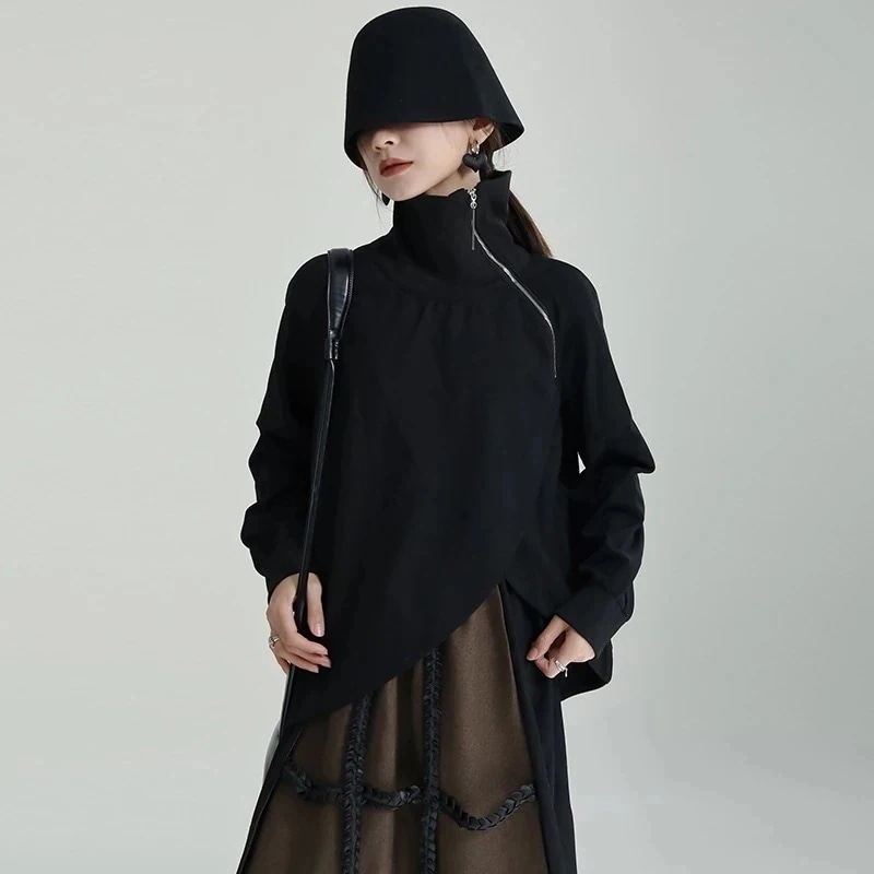 春春 ハイネック ファスナー スウェット レディース イレギュラー トップス