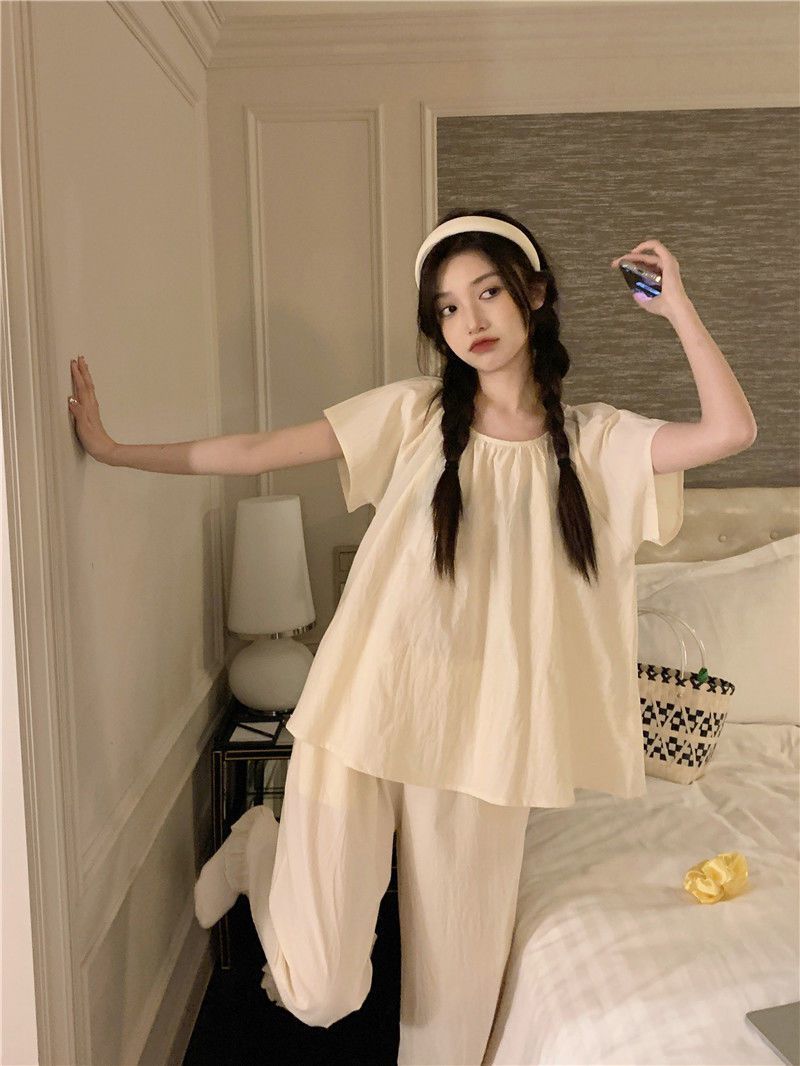 パジャマ ウェア だるい風半袖パジャマ夏の薄手タイプins日系甘い学生寮ゆったりウェアセット レディース 韓国ファッション