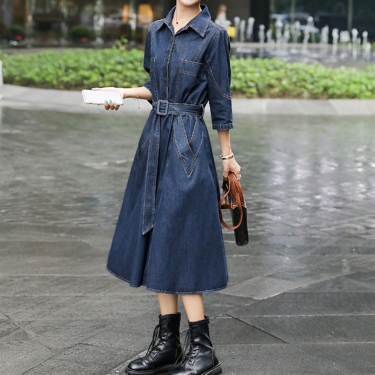 ワンピース 膝下 ミモレ ミモレ丈 ロング ロング丈 袖あり 7分袖 七分袖 Vネック 襟付き スタンダードカラー フレア Aライン ベルト ウエストマーク ハイウエスト ポリエステル デニム 9,585円