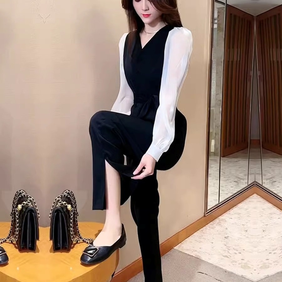 ボトムス パンツ ズボン オールインワンパンツ ロングパンツ 長袖 Vネック ウエストマーク ハイウエスト スリット 異素材ミックス かわいい 大人可愛い きれいめ カジュアル 上品 おしゃれ