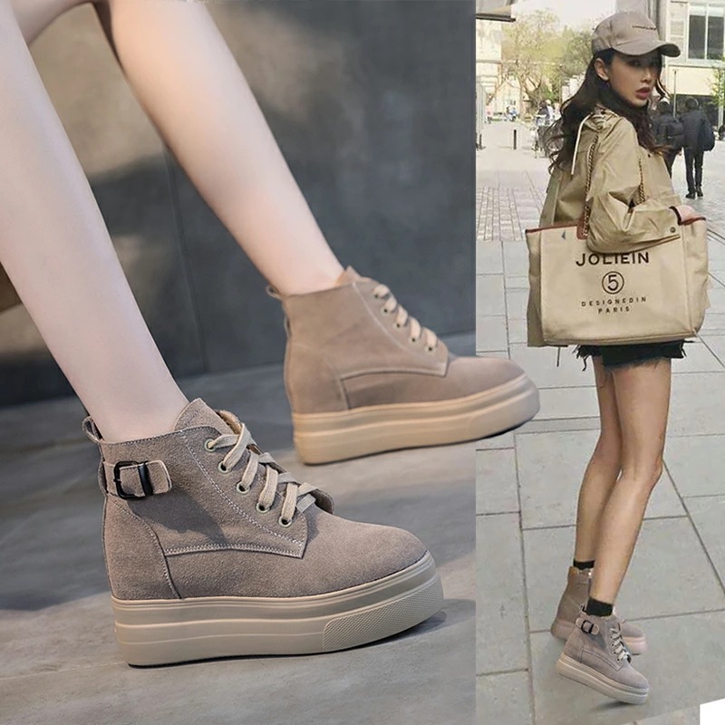 ショートブーツ レディース レースアップ 本革 牛革 レザー スエード ハイカット 厚底ブーツ5cmヒール ブラック ブラウン