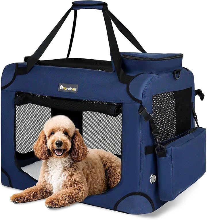 犬用キャリーバッグ ソフトクレート キャリーケース 犬用クレート 折りたたみ メッシュ ロック付き(ブルー, XL（81L x 58W x 58H cm）)