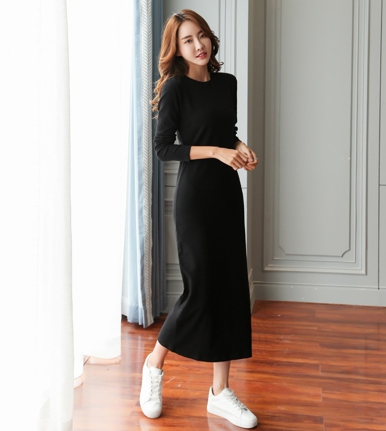 ワンピース tシャツワンピース レディース カットソー素材 ロング丈 長袖 ラウンドネック スリム シャツワンピース 綿 薄手 きれいめ シンプル 大人 おしゃれ セクシー エレガント フォーマル 春