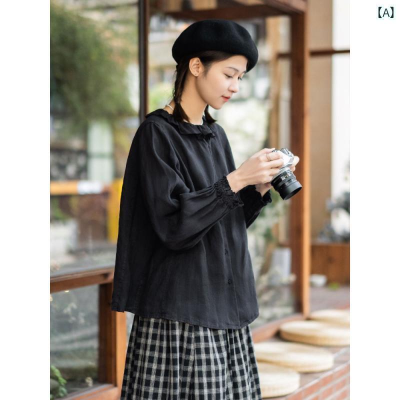 レディース　　シャツ　トップス レトロ 苔 蓮の葉の 襟 リネンシャツ 秋小 男の 衣装 トップス シャツ グッド タイム