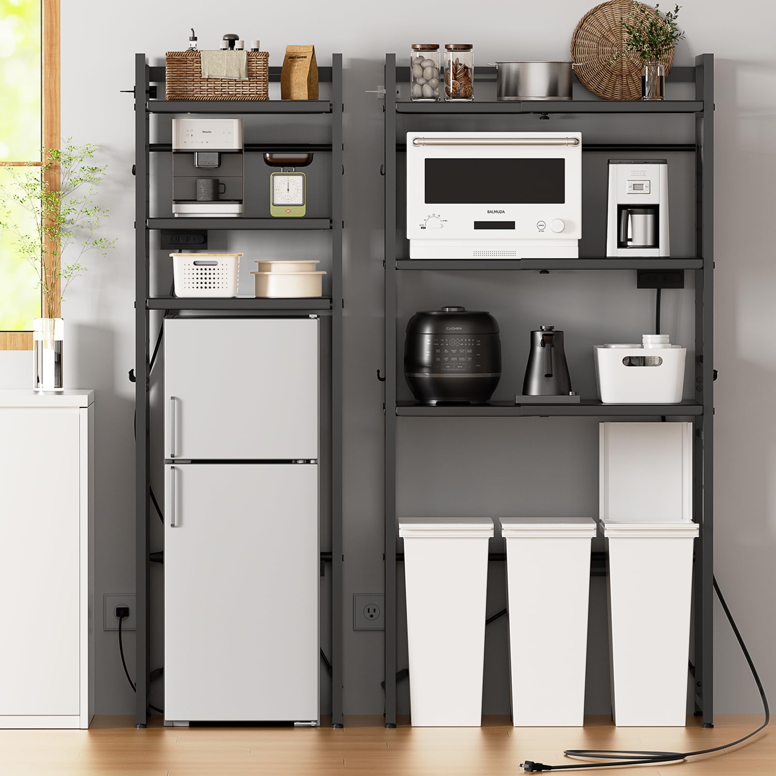 【幅伸縮2口コンセント高さ調整】冷蔵庫上ラック YDH ゴミ箱上ラック キッチンラック 冷蔵庫ラック キッチン 棚 ゴミ箱 ランドリーラック W50～80×D42×H170cm洗濯機ラック レンジ