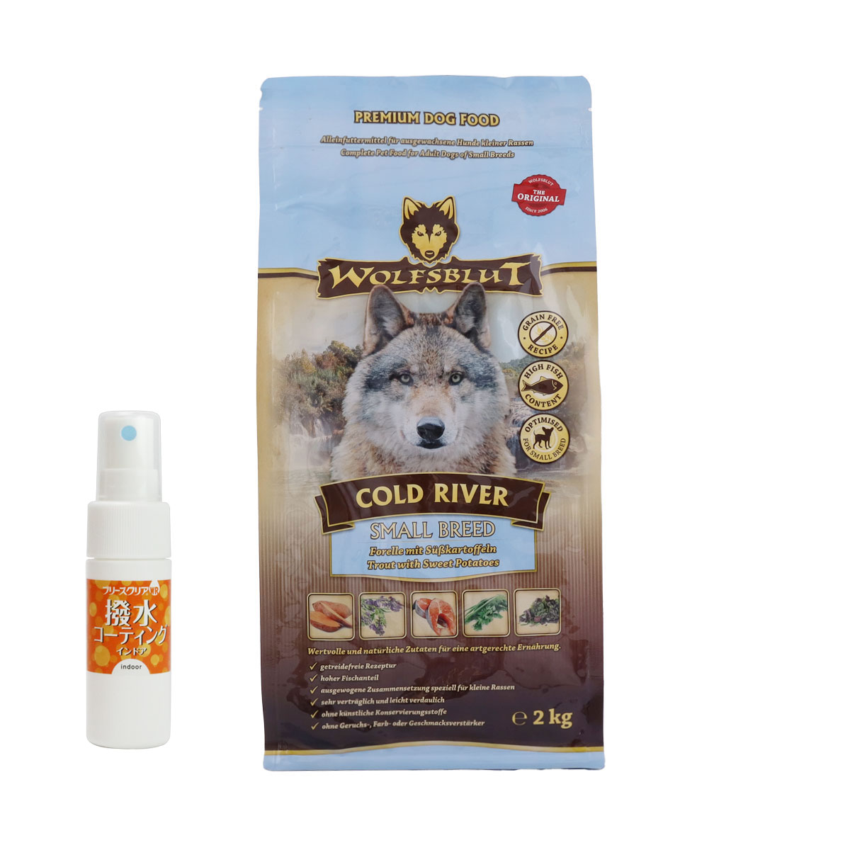 ウルフブラット スモールブリード コールドリバー（マスとスイートポテト）2kg 【撥水コーティングインドア(水回り用) 20ml付き】