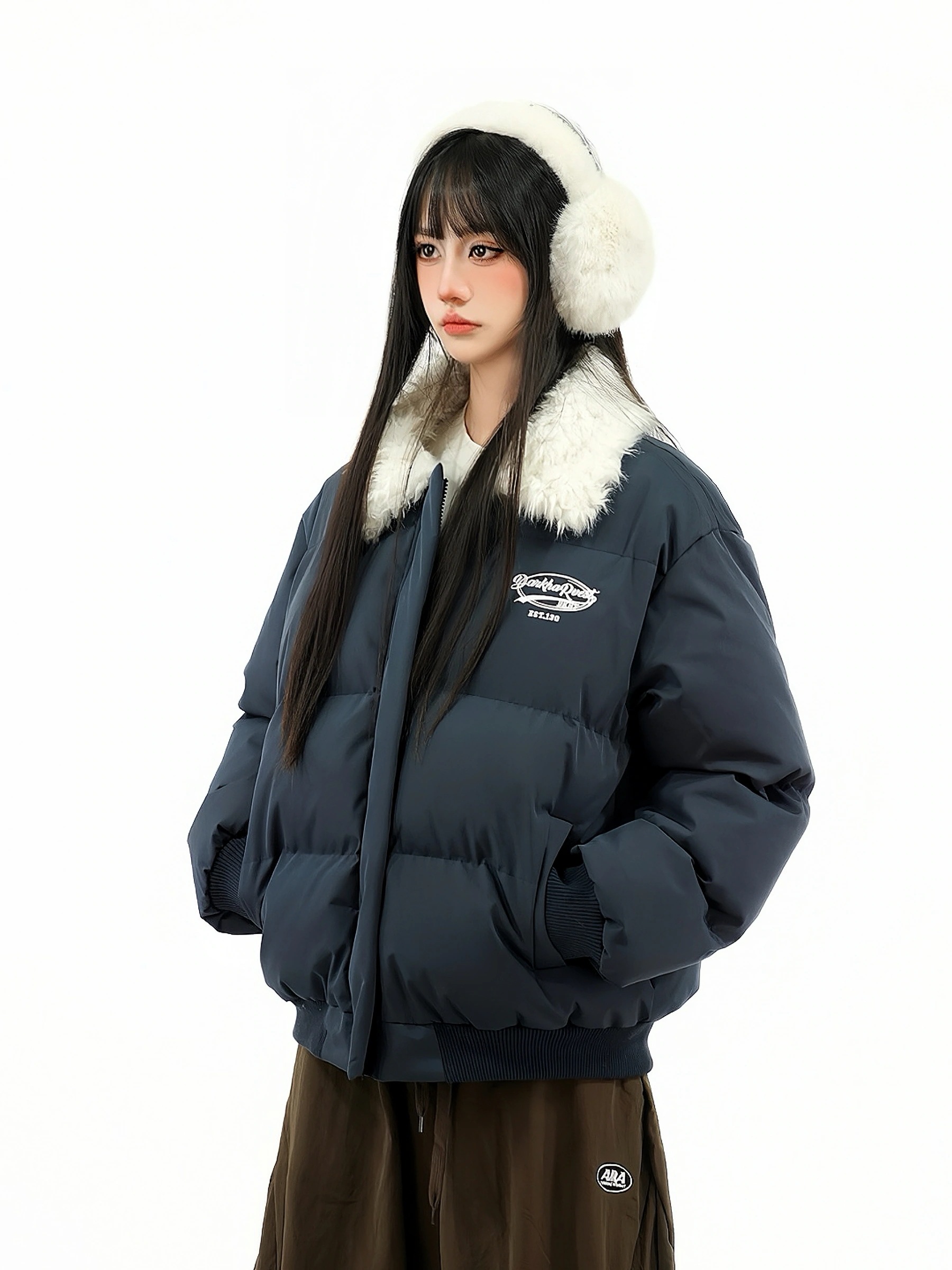 暖かい羽織るかわいいジップアップフェイクムートン長袖トレンド裏切り替えサイズシルエット韓国ファッションレディース レトロ 厚手 2025 防寒あったかアウター 襟付きジャケット 秋冬ふっくら中綿