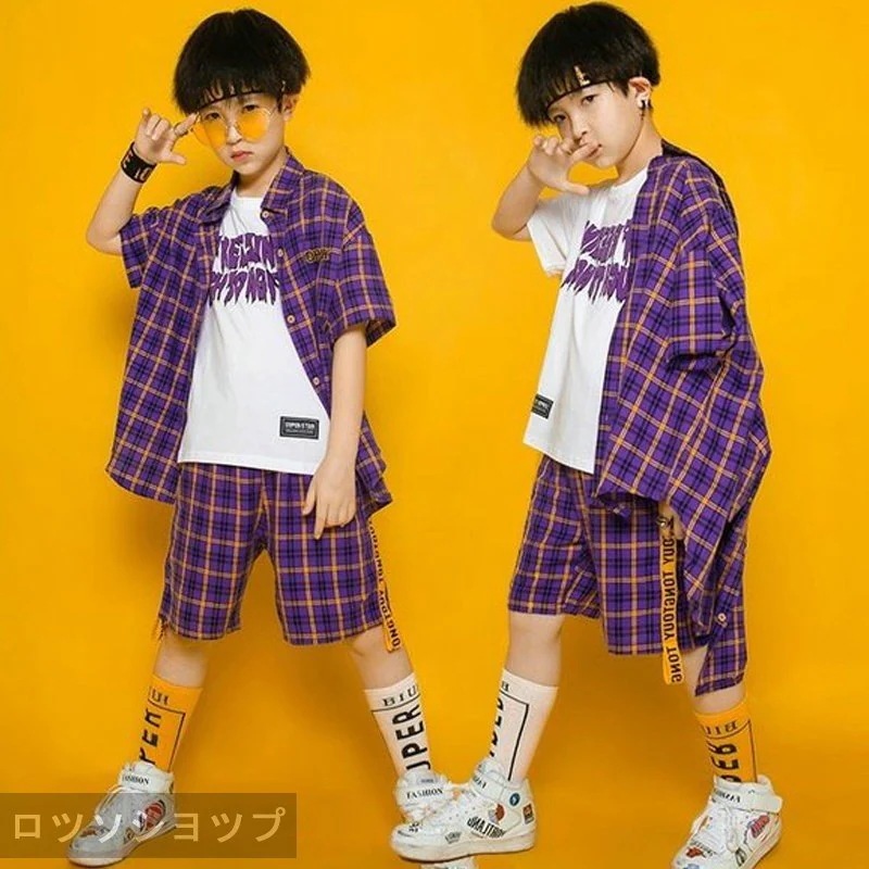 ロツソシヨツプ パープルチェック柄 キッズ ダンス衣装 ヒップホップ 2点セット HIPHOP 子供 上下セットアップ 男の子 女の子 ダンス衣装 ステージ衣装