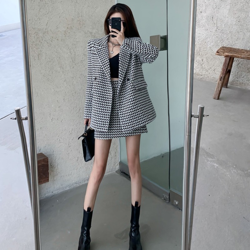 【セットアップ】チェック柄 ジャケット＋ミニスカート ツーピース 上下セット スカートスーツ スーツジャケット スカート チェック柄 トレンド レディース. a4093