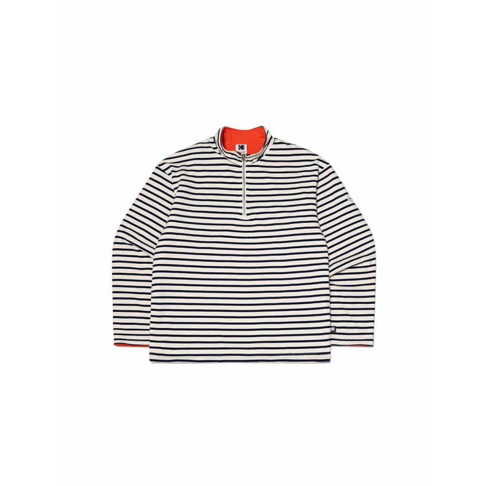 コダックアパレルストライプフリースセミオーバーフィットハーフジップアップスウェットシャツアイボリー