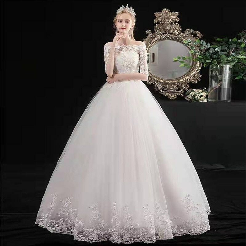 ウエディングドレス 5分袖 フォーマルドレス 結婚式 海外挙式ドレス 編み上げタイプ 前撮りドレス 撮影 花嫁 ロングドレス オフショルダー プリンセスドレス ステージドレス レース イブニングドレス