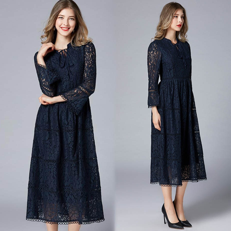 結婚式 ドレス レディース 4L 6L 即納 L 2L 3L 5L ネイビー 長袖 袖あり 大きいサイズ MD-Y162066 パーティー 花柄 総レース ロングドレス マキシ丈ワンピース
