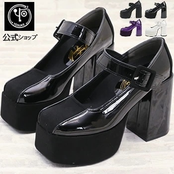 ヨースケ 厚底パンプス ストラップ レディース スクエアトゥ 約10cm チャンキーヒール 靴 公式SHOP特典キズ補修液付