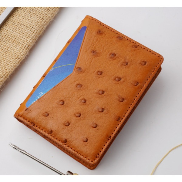 オーストリッチLight Brown Wallet Card ID Case Pocket Slim Real Ostrich Leather Handmade Gift