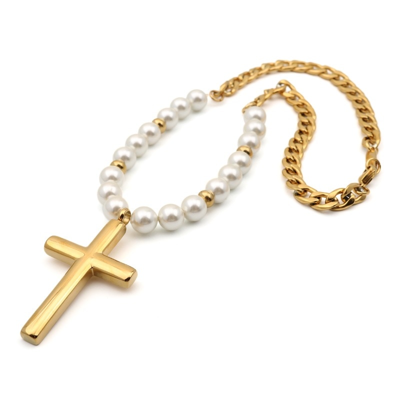 パールネックレス クロス [n448-gold]