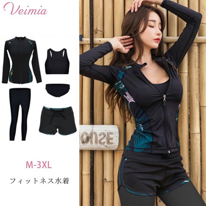 【フィットネス水着】細見え効果を狙える縦ライン使いとお尻まわりをカバーするパンツ付きがうれしい！