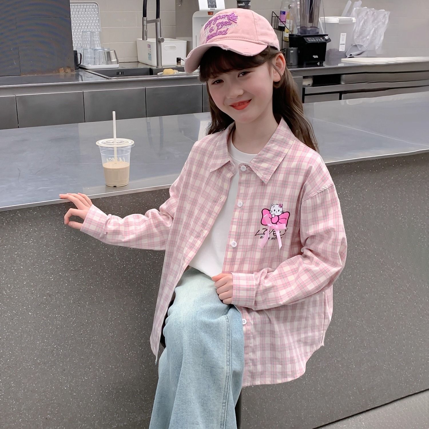 ガールズチェックシャツ2025子供用長袖シャツジャケット中型および大型子供用日焼け止め肌服