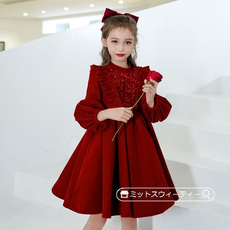 キッズドレス 女の子 子供 レッド グリーン ブラック ワインレッド ピアノ発表会 発表会 セレモニ