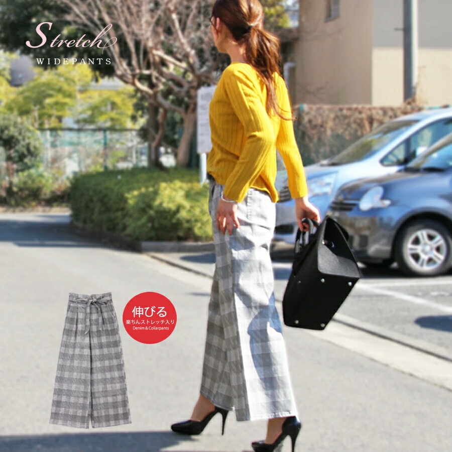 Qoo10] miidue グレンチェック ワイドパンツ レディース