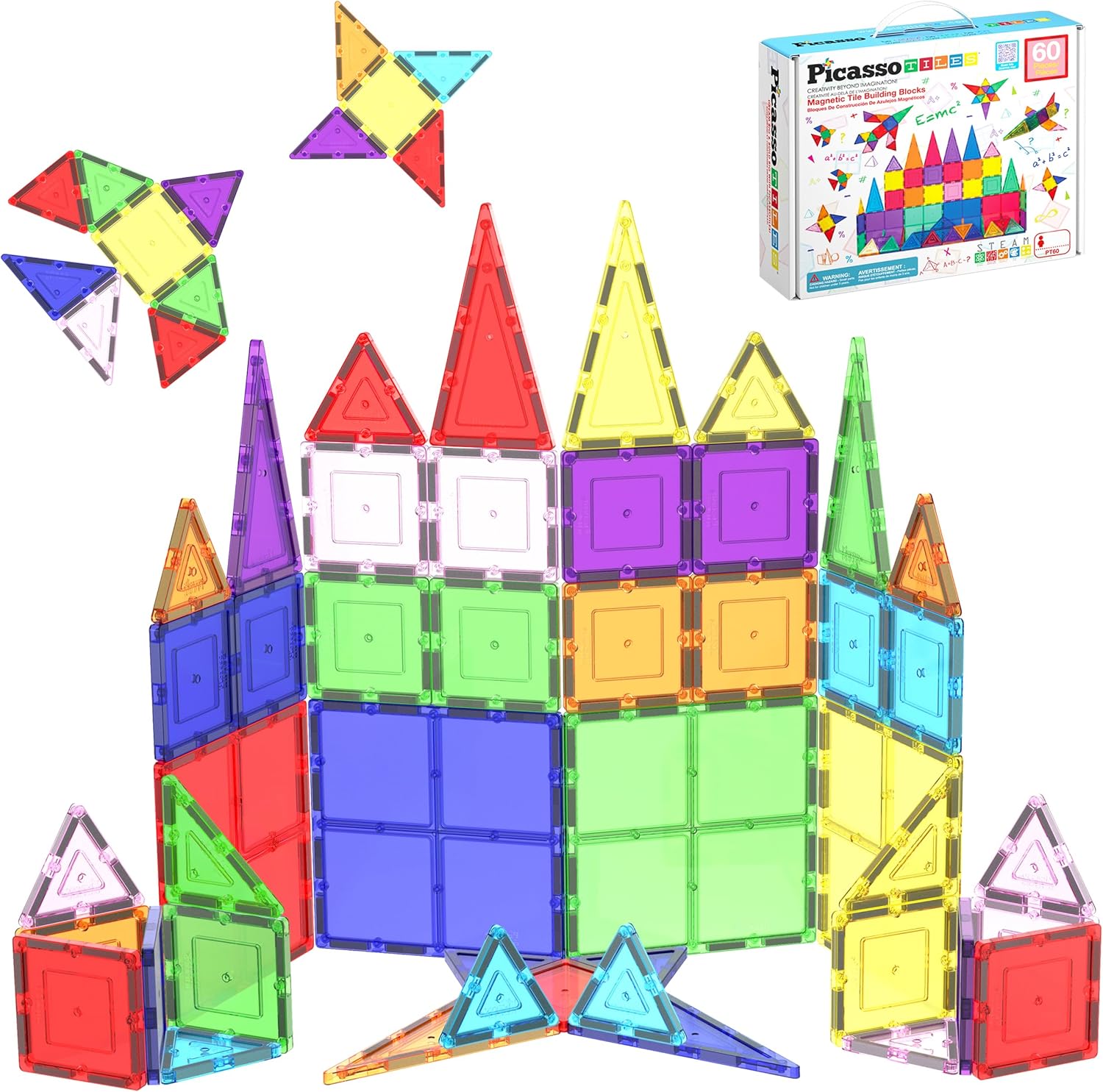 PicassoTiles 60ピースセット60pcsマグネットビルディングタイルクリア磁気3Dビルディングブロック建設プレイボード-想像を超えた創造性インスピレーションレクリエーション教育従来型
