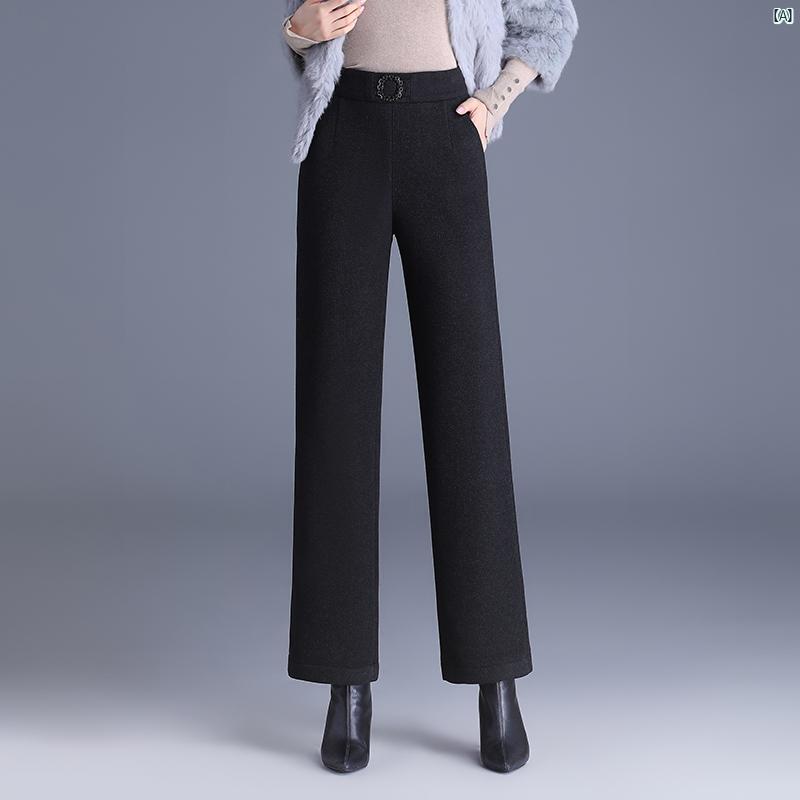 レディース　ファッション　オシャレ　シンプル ウール 裏起毛 厚手 秋冬 ハイウエスト スリム ストレート スーツ カジュアル 九分丈 パンツ