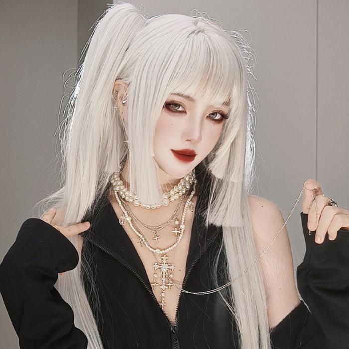 【人気製品 急速出荷】 姫カット 中世の貴族風 ストレート シルバーホワイト 銀髪 フルウィッグ かつら 女性 長髪 ロングウィッグ ロング ロリータ lolita 前髪あり 小顔効果