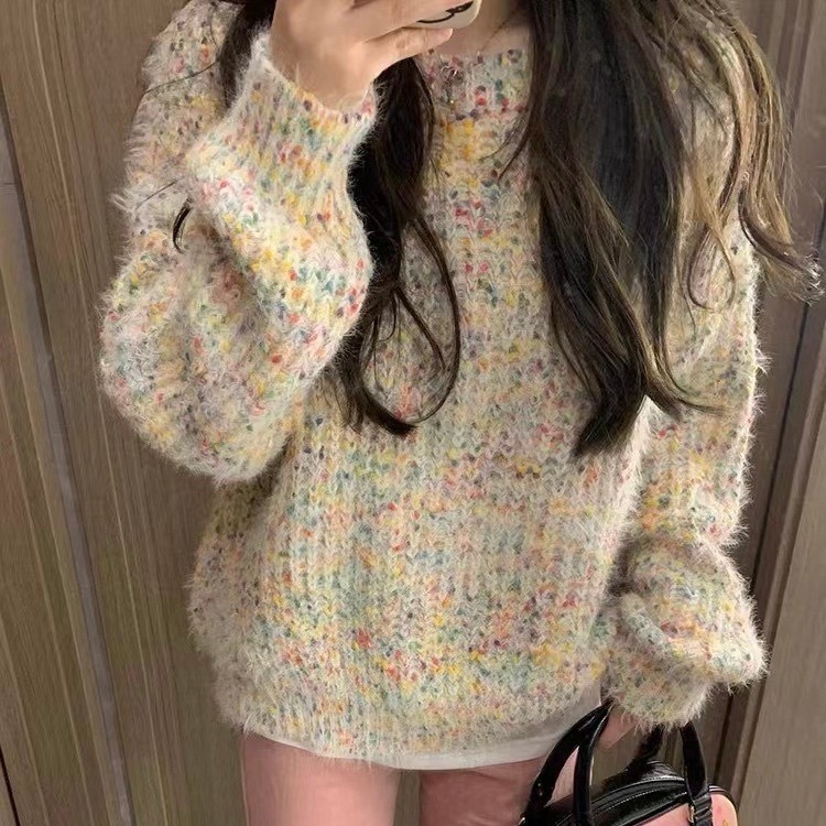 レディース トップス ニット セーター プルオーバー 長袖 Uネック ラウンドネック フェミニン ストリート ヴィンテージ かわいい 大人可愛い シンプル カジュアル おしゃれ レトロ こなれ感