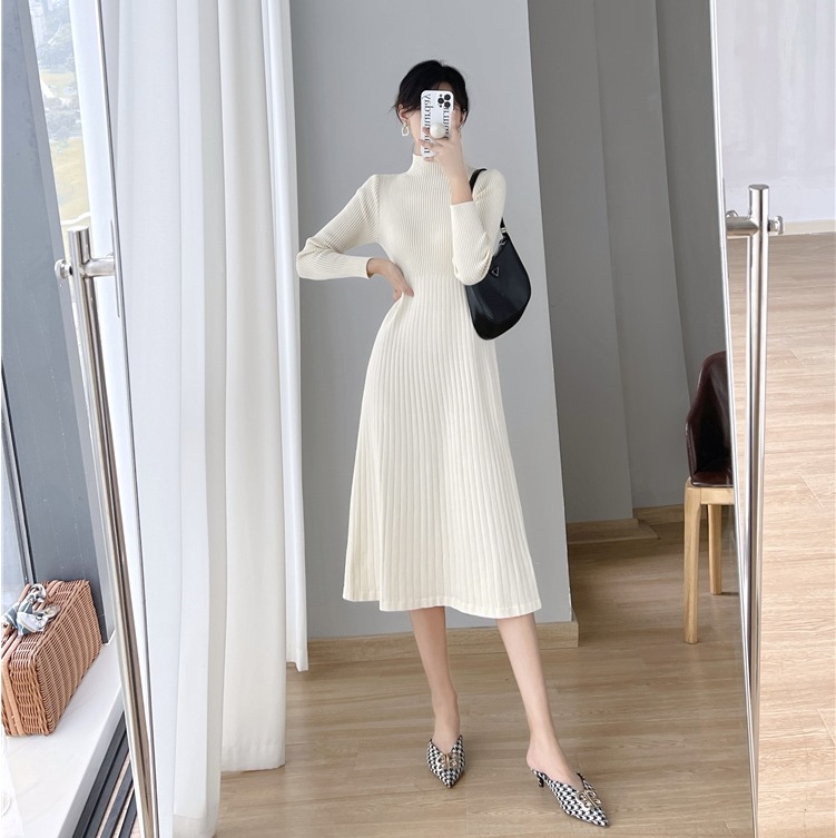 ミドル丈ニットワンピース 長袖ワンピース ハイネックニットワンピース Aラインスカートワンピース スカート ワンピース ニットソー プルオーバー オールインワン ロングスカート フレアスカート