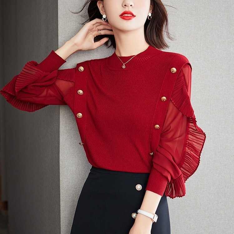 トップス カットソー 袖あり 長袖 ボリューム袖 ラウンドネック ストレート Iライン 切り替えデザイン ドッキング プリーツ シフォン フリル 透け感 薄手 異素材MIX かわいい 大人可愛い