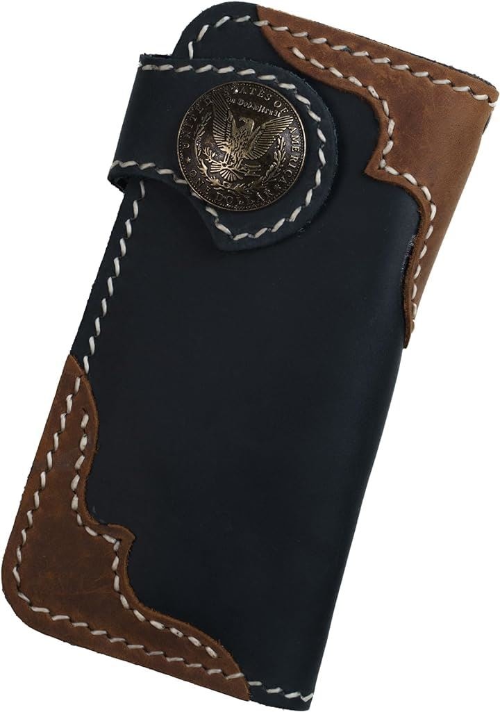 財布 メンズ バイカーズウォレット 長財布 本革 ライダースウォレット レザーウォレット 二つ折り ブラック xブラウンxイーグル( ブラック xブラウンxイーグル)