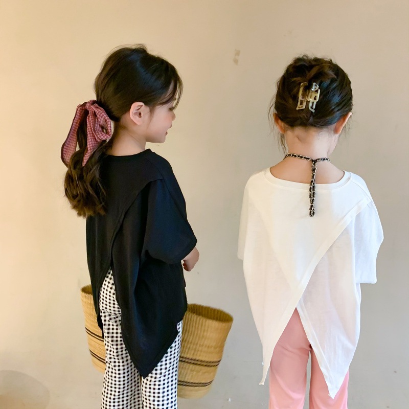 韓国スタイルの半袖コットンTシャツ 女の子のためのモダンなスリットトップス 韓国スタイル 激安格安割引情報満載 ユニークな 珍しい