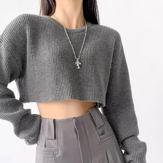 ニットセーター レディース クロップドニット 長袖 ショート丈 ラウンドネック プルオーバー 肌見せ ルーズ レイヤード かわいい ガーリー カジュアル ストリート モード 4color おしゃれ
