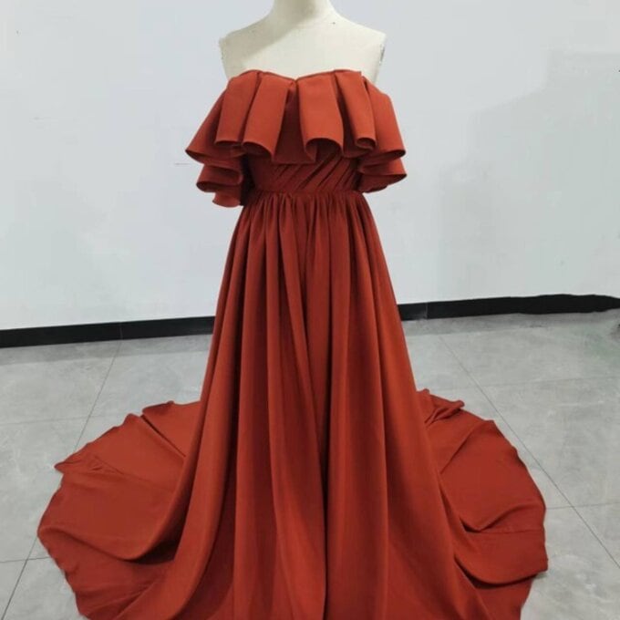 人気上昇！カラードレス エンパイアライン パーティードレス テラコッタ取り外しオフショルダー /結婚式/披露宴